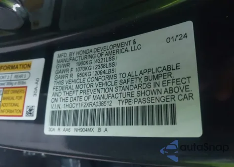 2024 Honda Accord Lx z USA, uszkodzony, nr VIN 1HGCY1F2XRA038512
